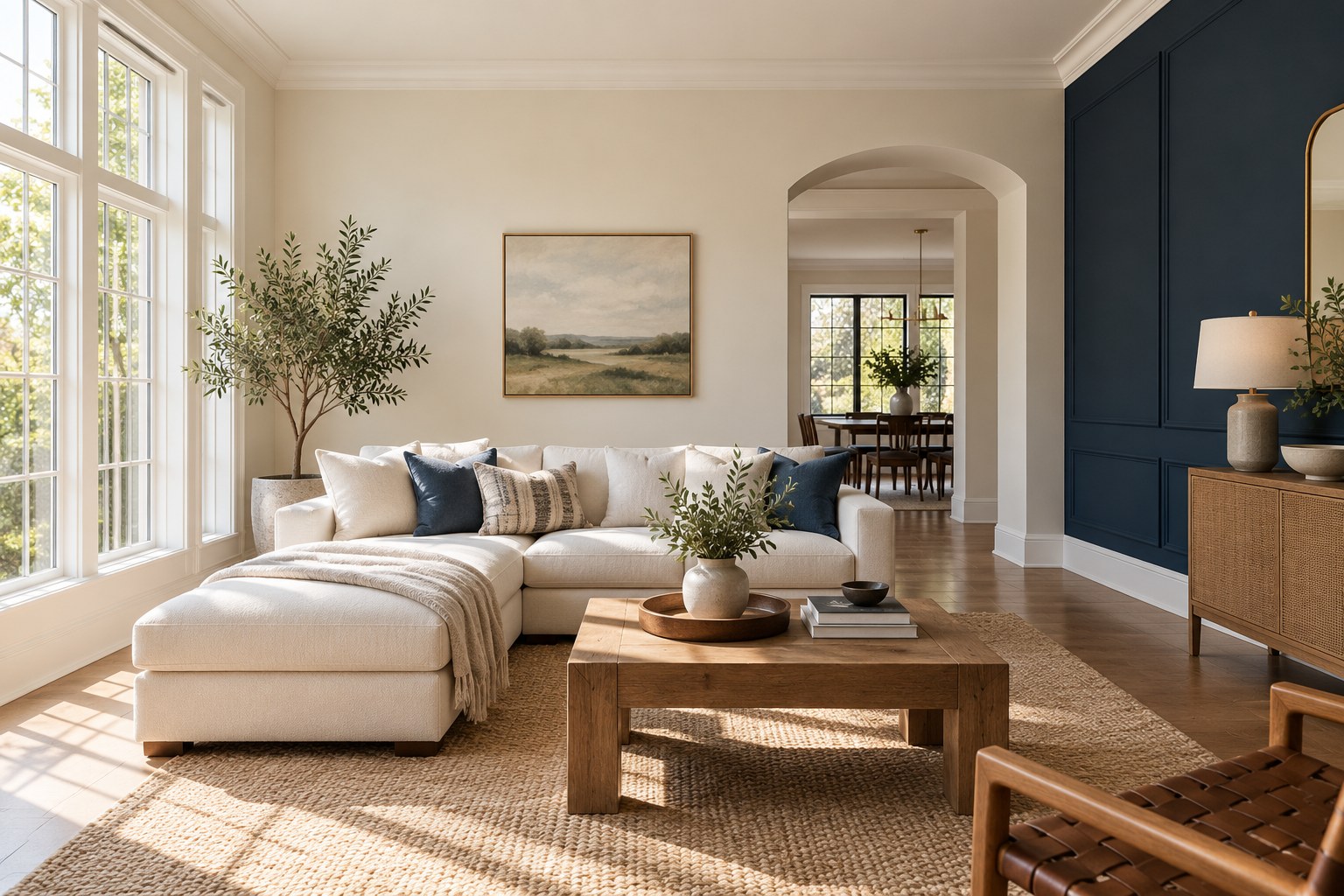Illustrative living room with warm ivory walls and a navy accent wall