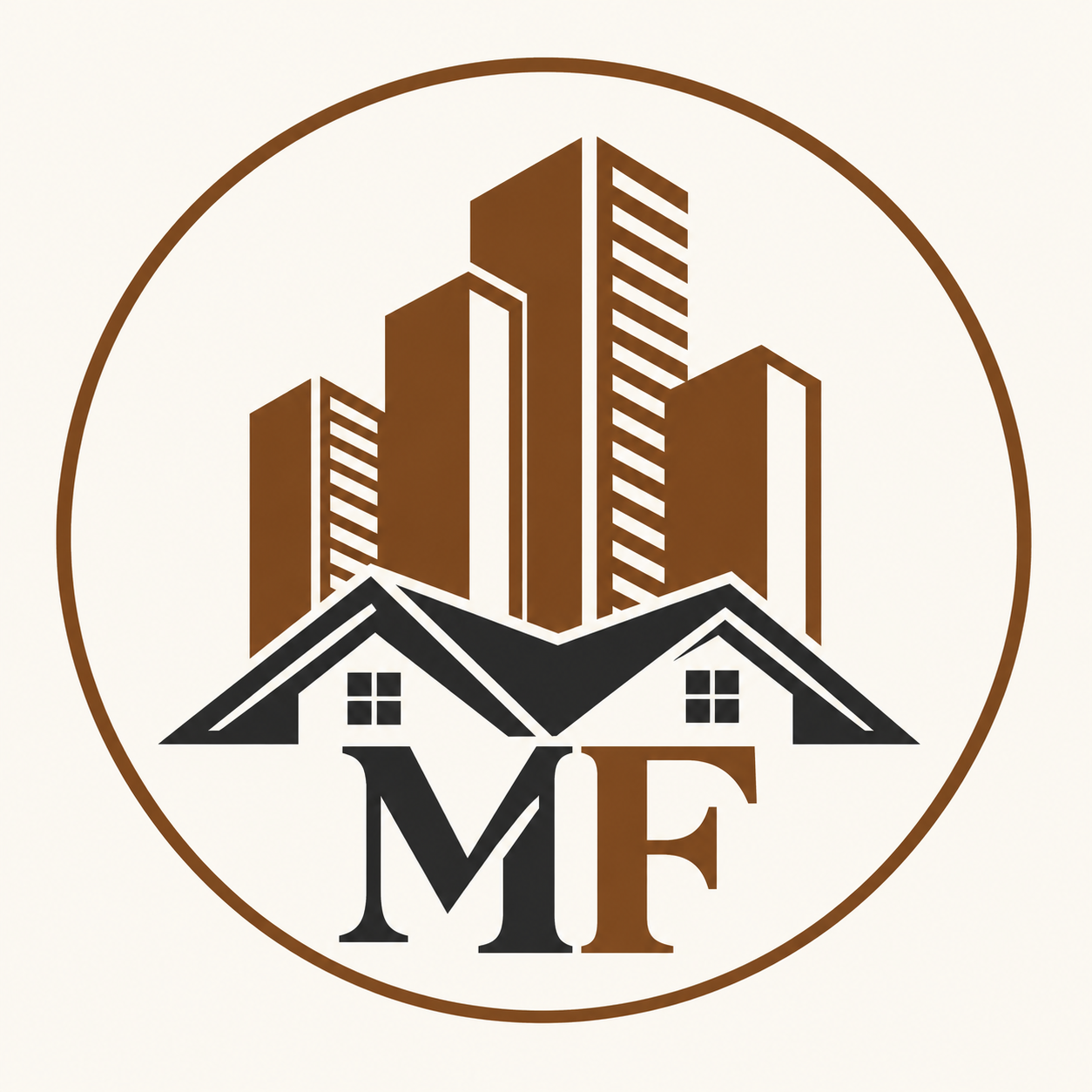 Matt’s Signature Painting: MF monogram with houses and buildings in brown and charcoal